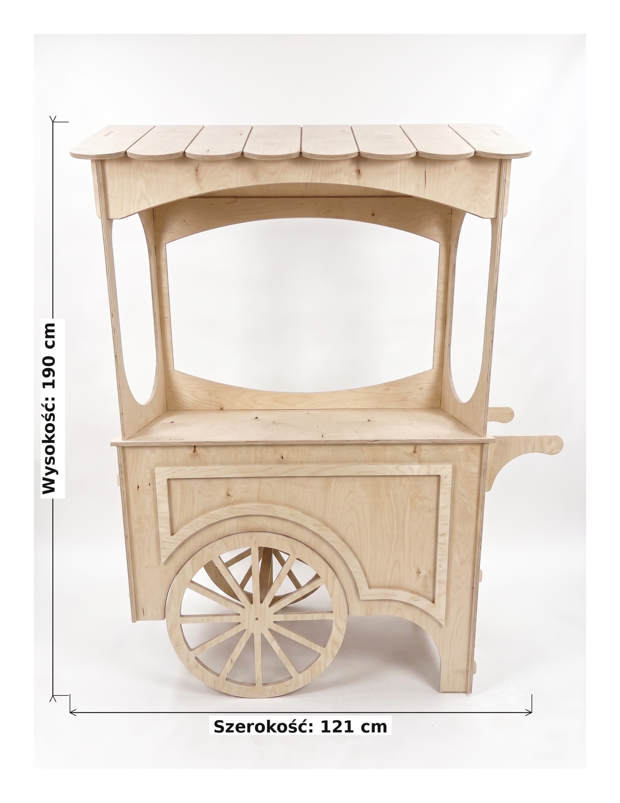 Rysunek techniczny wózka Candy Cart z surowej sklejki z podanymi wymiarami: szerokość 121 cm, głębokość 50 cm, wysokość 190 cm.