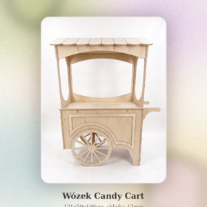 Drewniany wózek Candy Cart z surowej sklejki 121x50x190cm, gotowy do samodzielnego pomalowania na dowolny kolor – grafika produktowa.