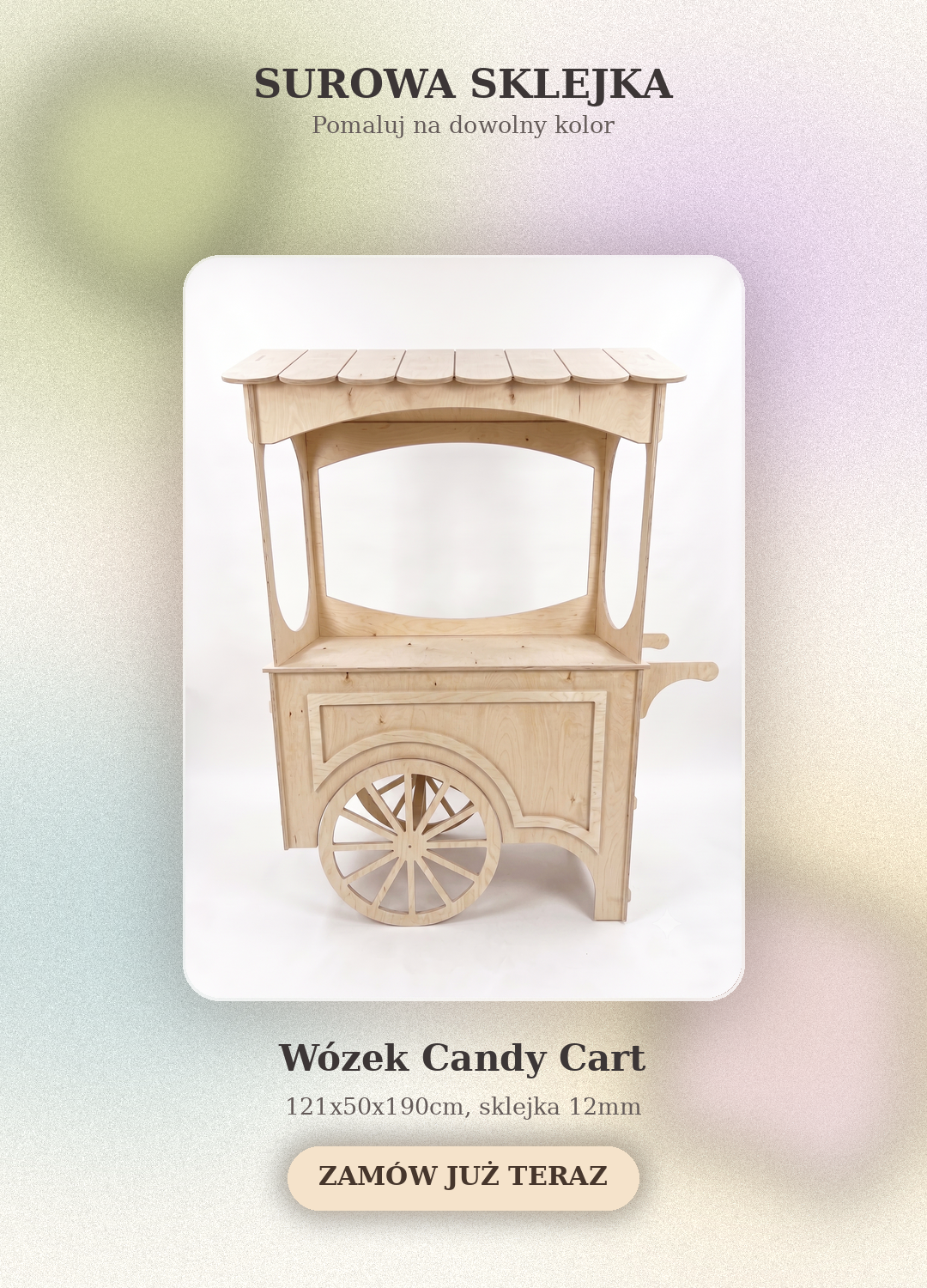 Drewniany wózek Candy Cart z surowej sklejki 121x50x190cm, gotowy do samodzielnego pomalowania na dowolny kolor – grafika produktowa.