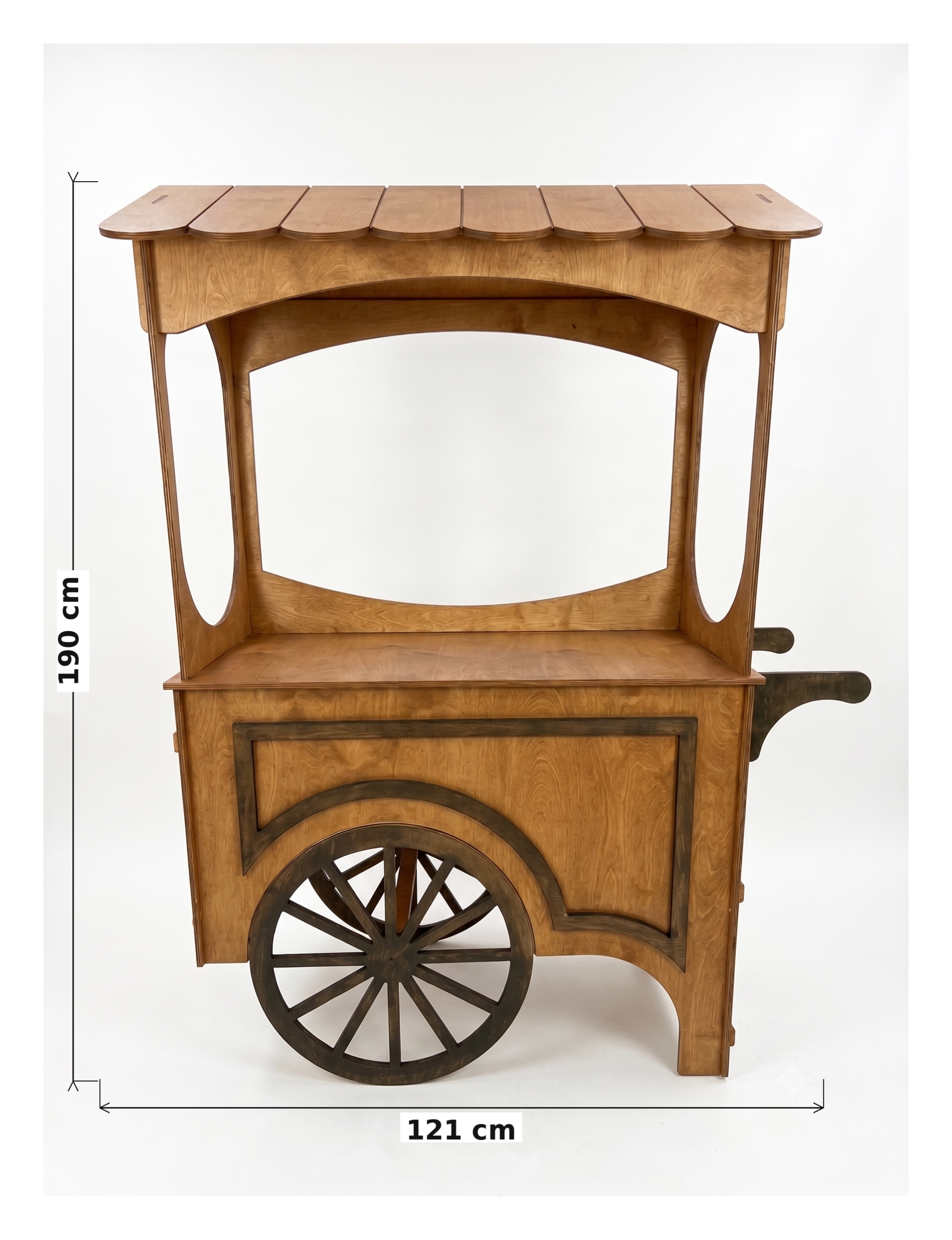 Rysunek techniczny drewnianego wózka Candy Cart do wynajęcia z podanymi wymiarami: szerokość 121 cm, wysokość 190 cm.