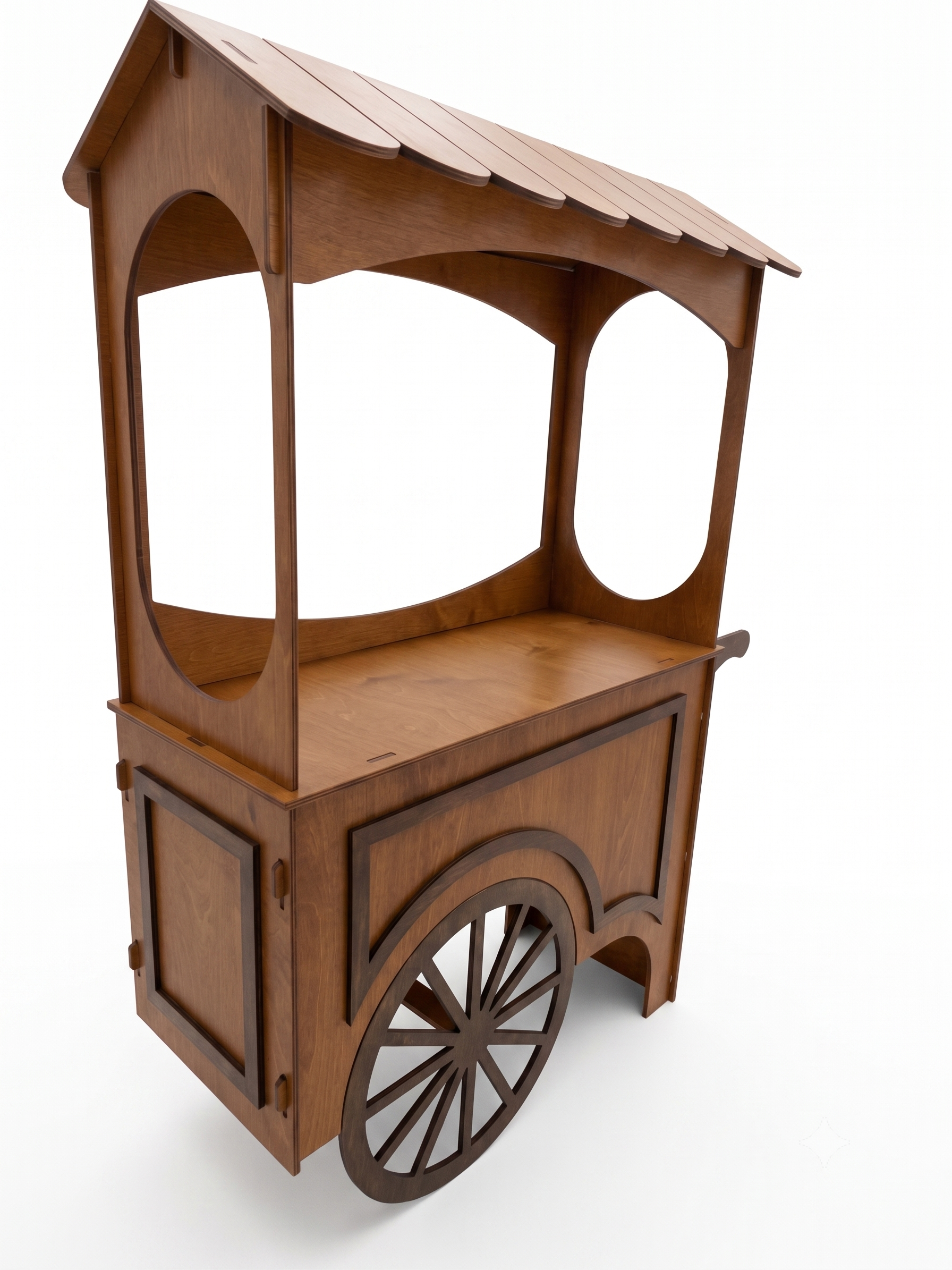 Drewniany wózek Candy Cart do wynajęcia w naturalnym wykończeniu, widok z boku na jasnym tle.