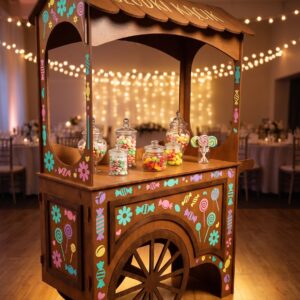 Drewniany wózek Candy Cart do wynajęcia, udekorowany kwiatowymi wzorami i lampkami, wypełniony słoikami ze słodyczami – aranżacja weselna.