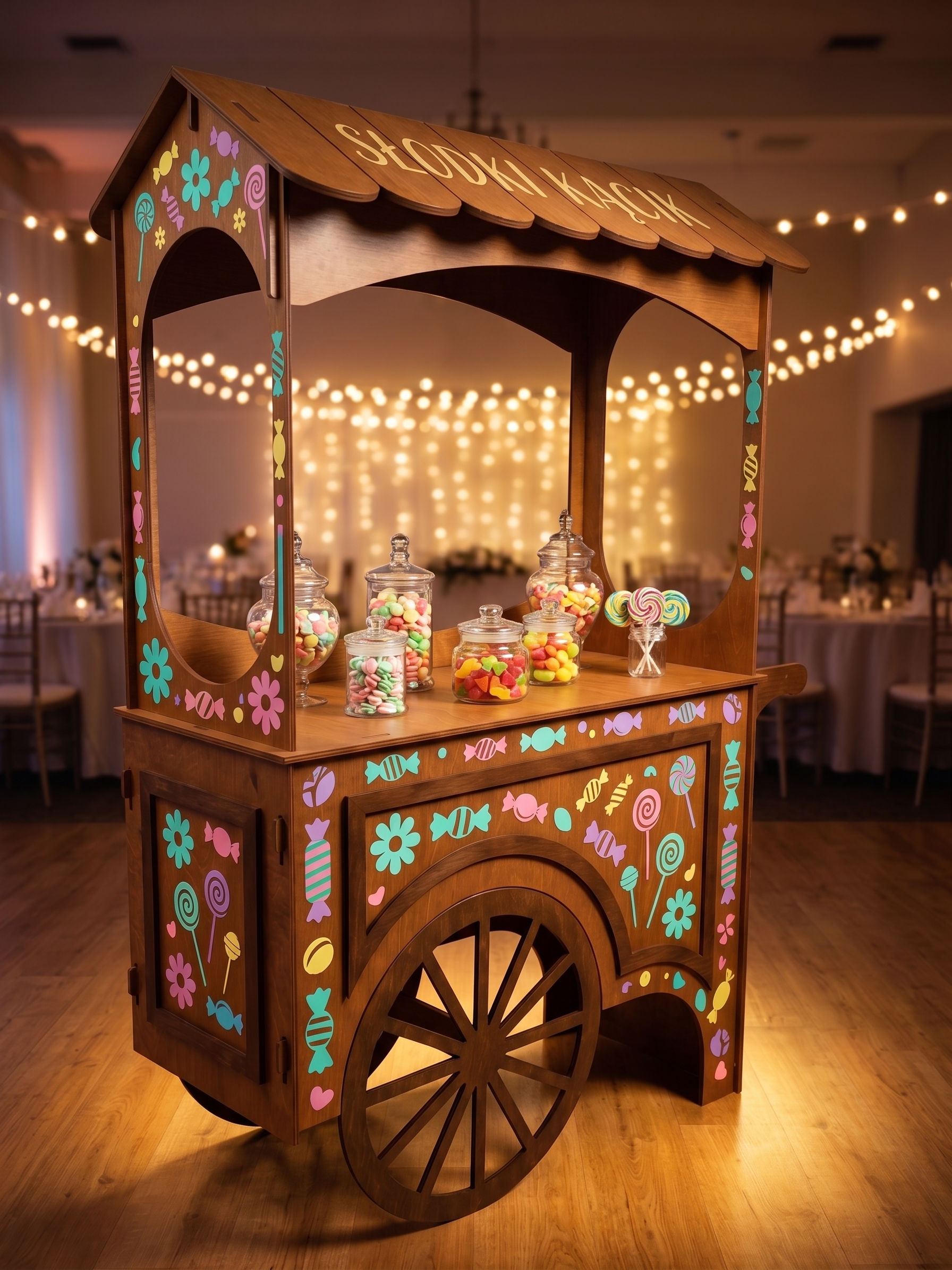 Drewniany wózek Candy Cart do wynajęcia, udekorowany kwiatowymi wzorami i lampkami, wypełniony słoikami ze słodyczami – aranżacja weselna.