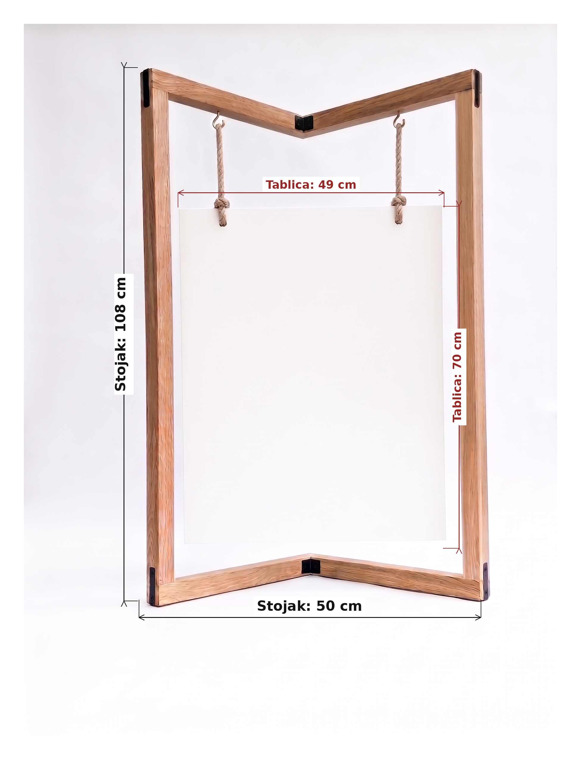 Rysunek techniczny drewnianego stojaka witacza z podanymi wymiarami: wysokość stojaka 108 cm, szerokość podstawy 50 cm, tablica 40-70 cm.