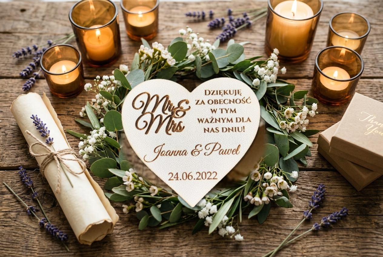 Magnes pamiątkowy w kształcie serca z imionami w eleganckiej aranżacji stołu weselnego – wzór 10.