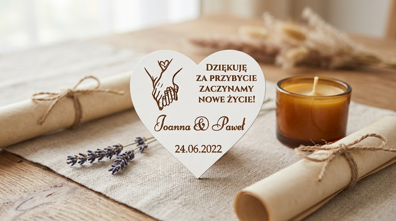 Magnes pamiątkowy w kształcie serca z imionami w eleganckiej aranżacji stołu weselnego – wzór 16.