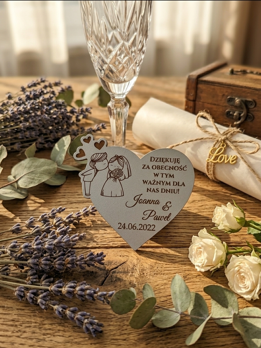 Magnes pamiątkowy w kształcie serca z imionami w eleganckiej aranżacji stołu weselnego – wzór 21.