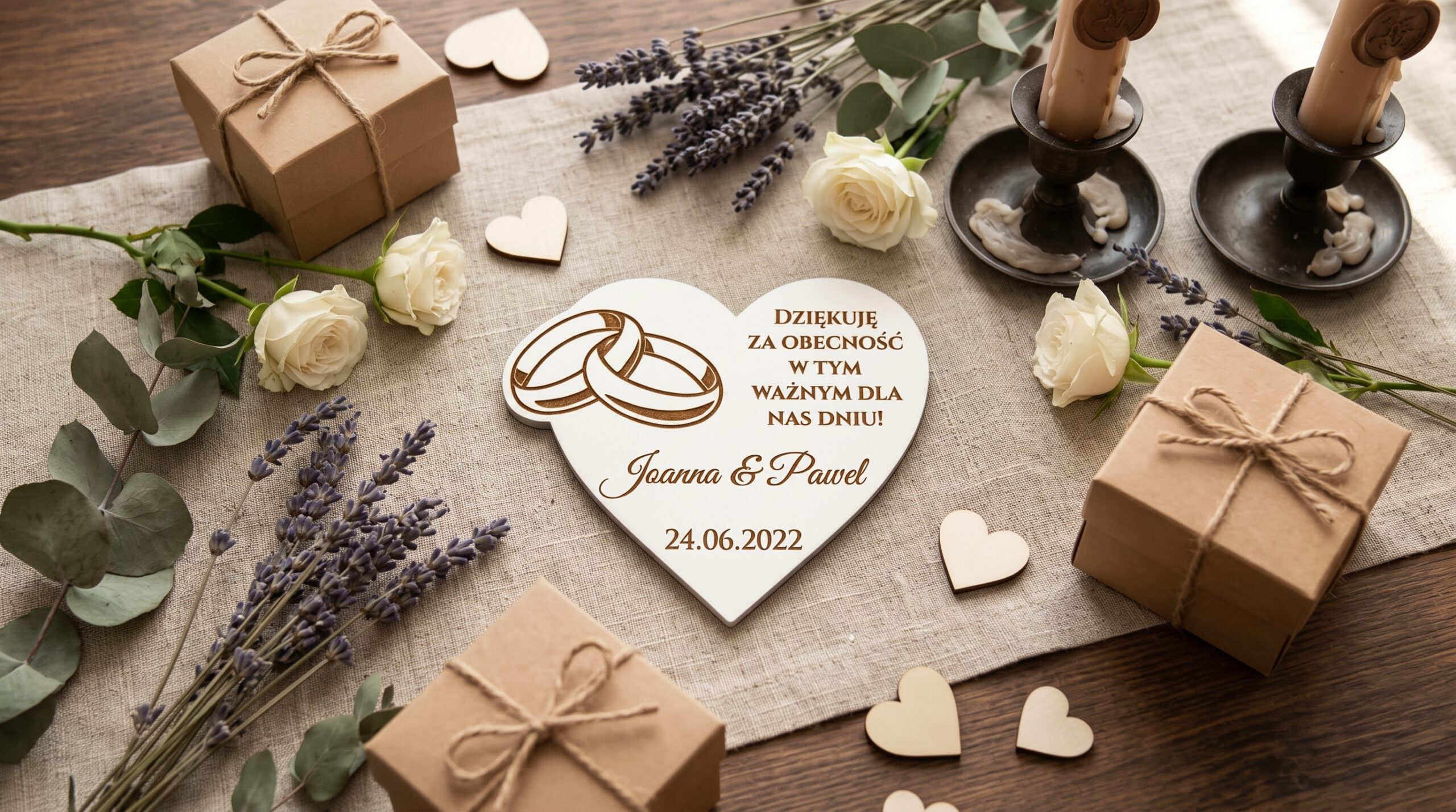 Magnes pamiątkowy w kształcie serca z imionami w eleganckiej aranżacji stołu weselnego – wzór 23.