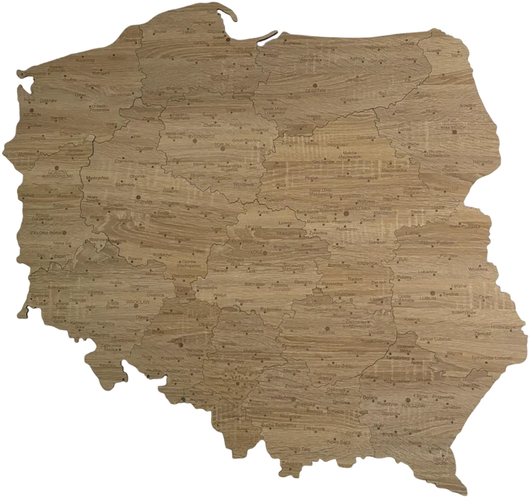 Drewniana mapa Polski z województwami