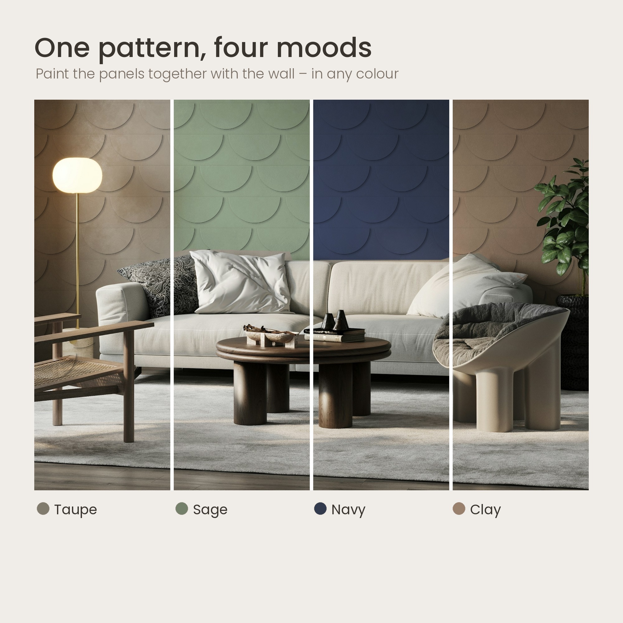 Half-circle 3D wall panels in four colours – taupe, sage, navy, clay