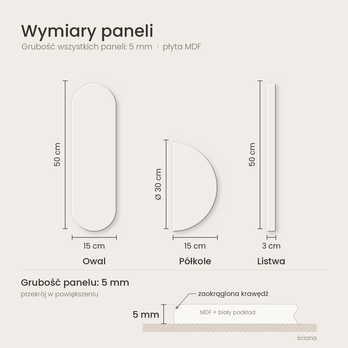 Wymiary paneli ściennych 3D: owal, półkole, listwa i grubość 5 mm w przekroju