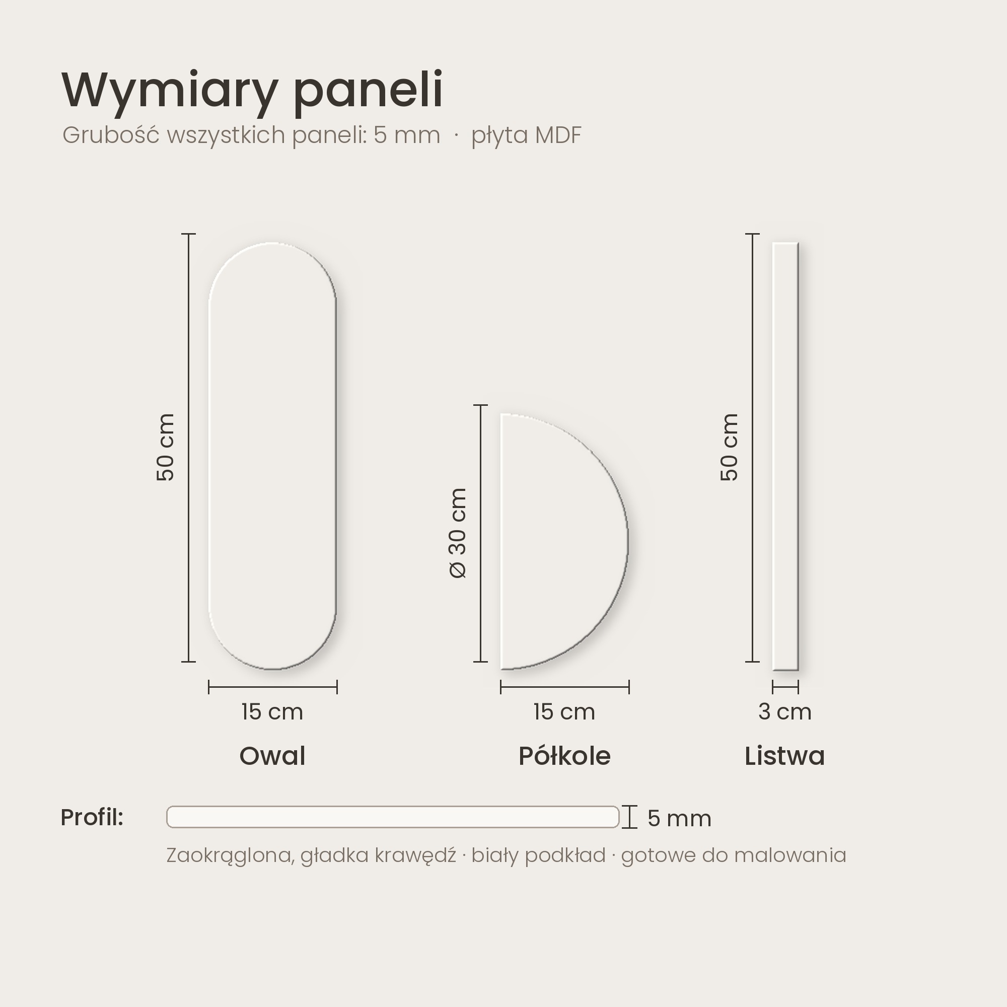 Wymiary paneli ściennych 3D: owal, półkole, listwa
