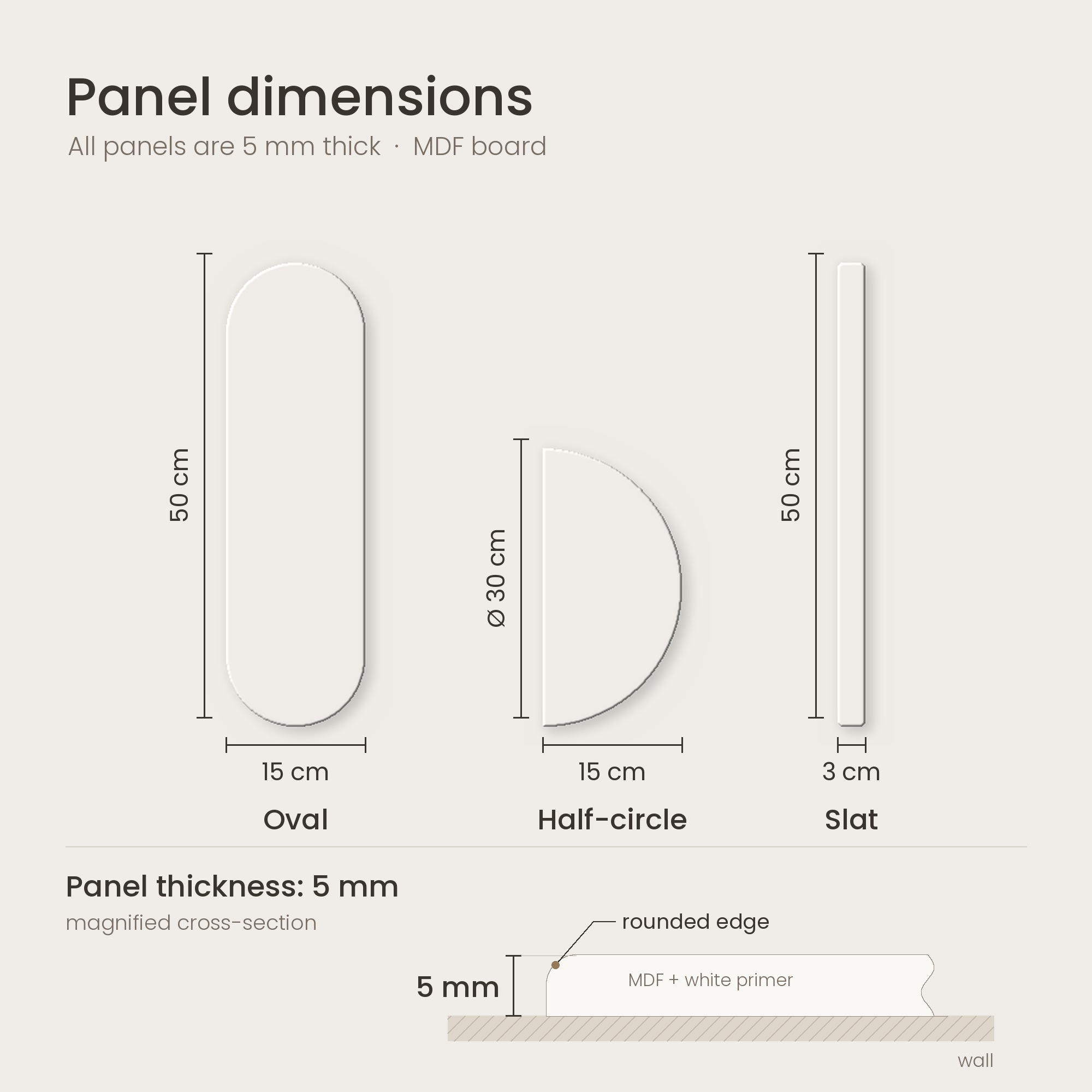 3D wall panel dimensions – oval, half-circle, slat, 5 mm thick