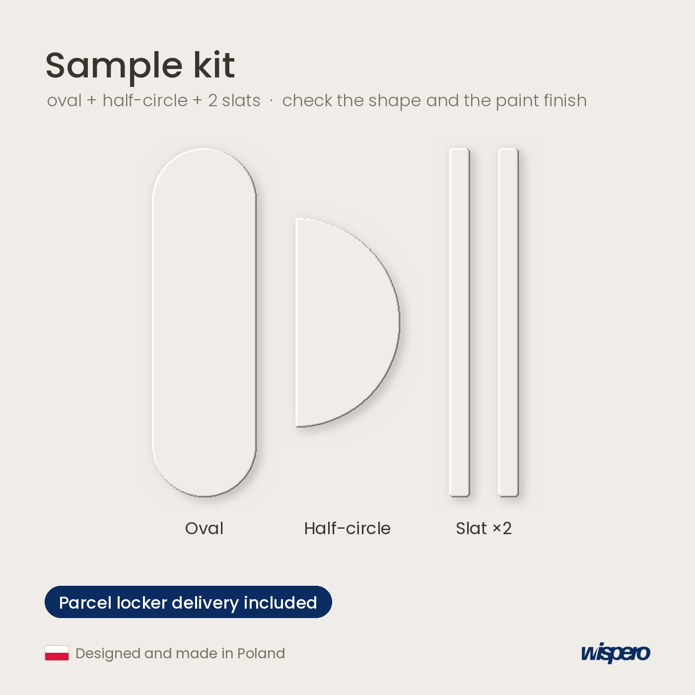Sample kit of 3D wall panels: oval, half-circle and 2 slats made of 5 mm MDF with white primer