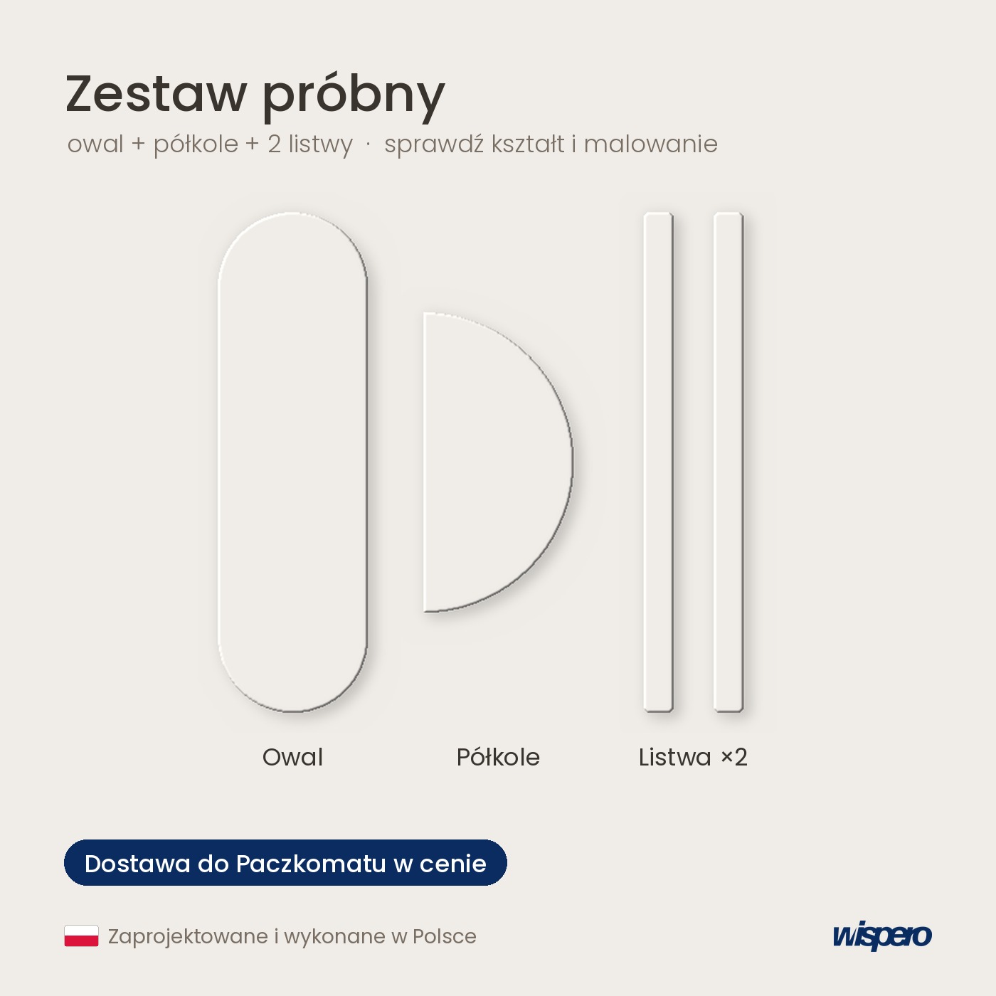 Zestaw próbny paneli ściennych 3D: owal, półkole i 2 listwy z MDF 5 mm z białym podkładem